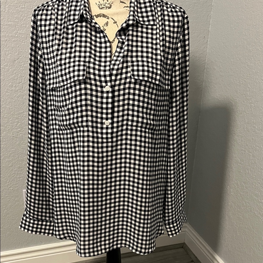 Women's Navy Blue and White Gingham Button-Front Blouse